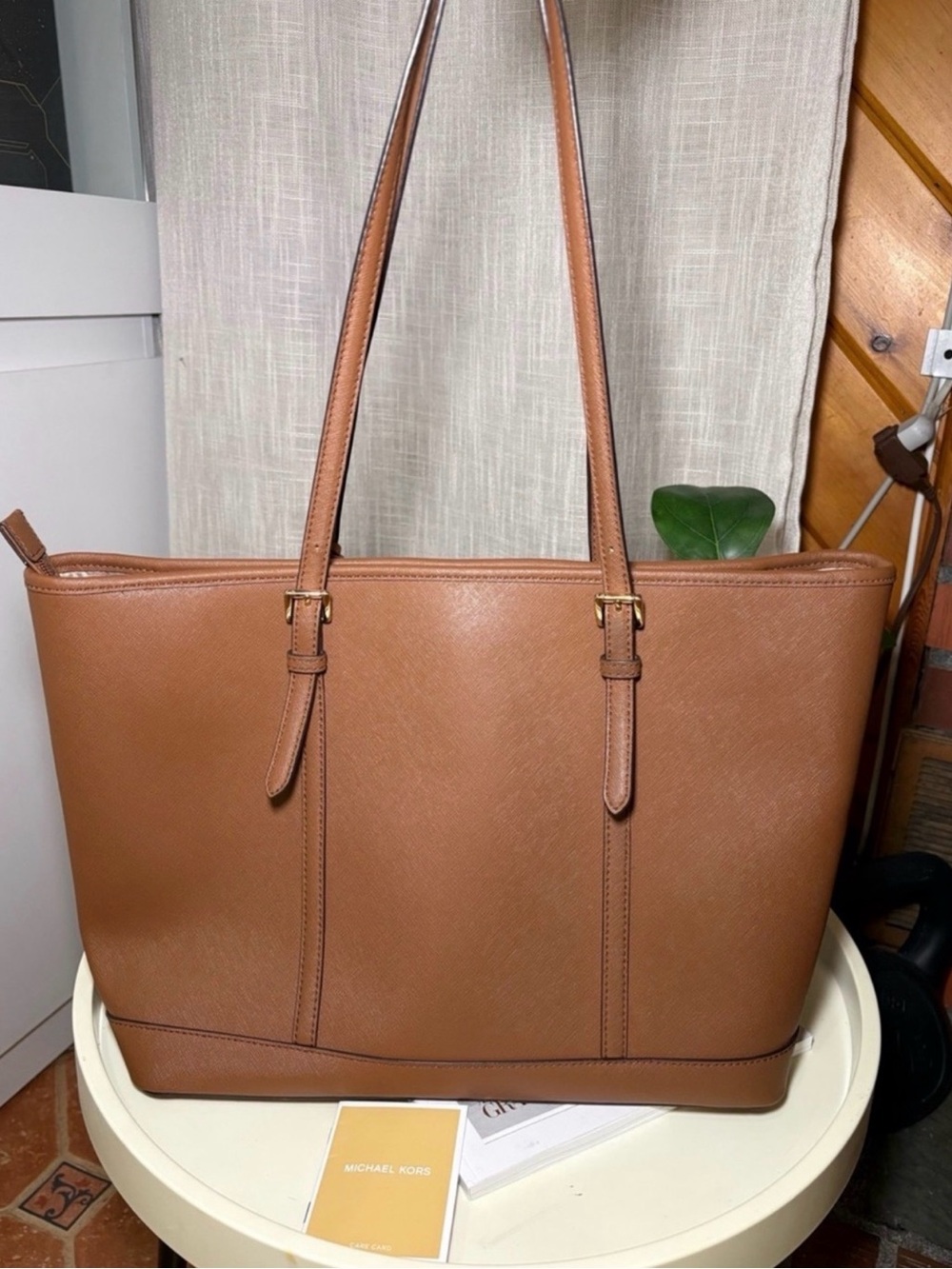 Michael Kors Tan Leather Saffiano Tote with Gold Charm - Picture 2 of 6